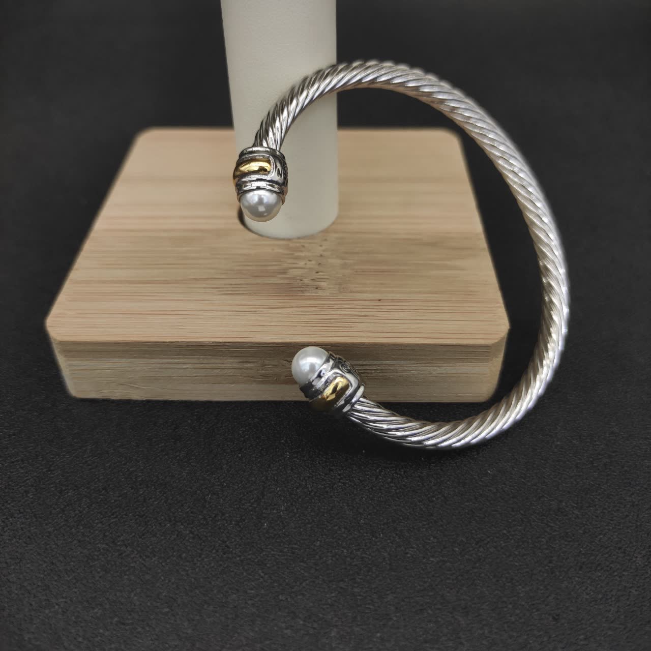 David Yurman Silver Cable Wire Bangle Bracelet with Pearl Ends